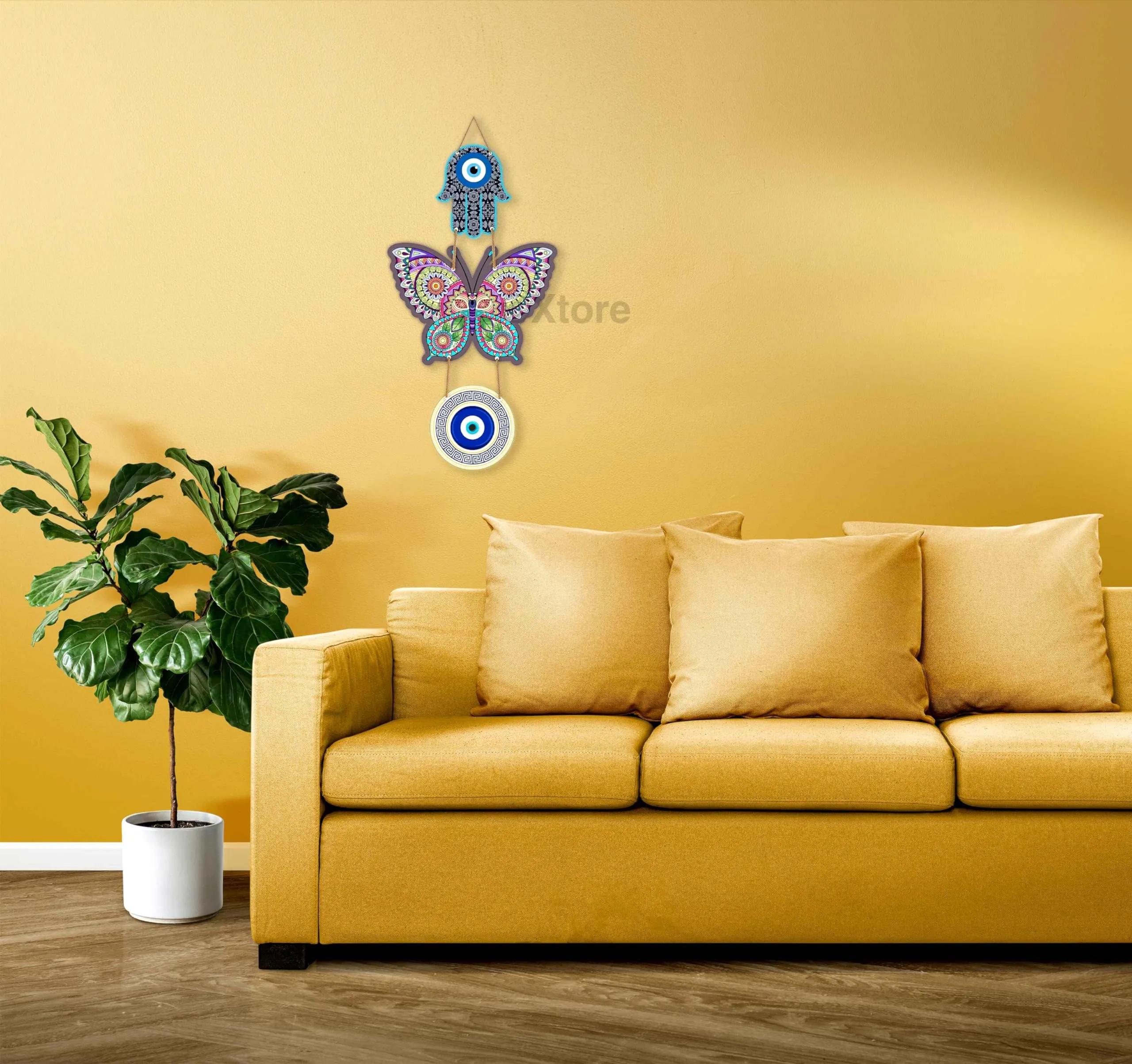 Xtore Decorative Wall Art MDF Wooden Hanger for Living Room | Bedroom | Office | Kitchen | Evil Eye | Nazar Raksha | With Modern Butterfly For Home Decor - Pack of 1