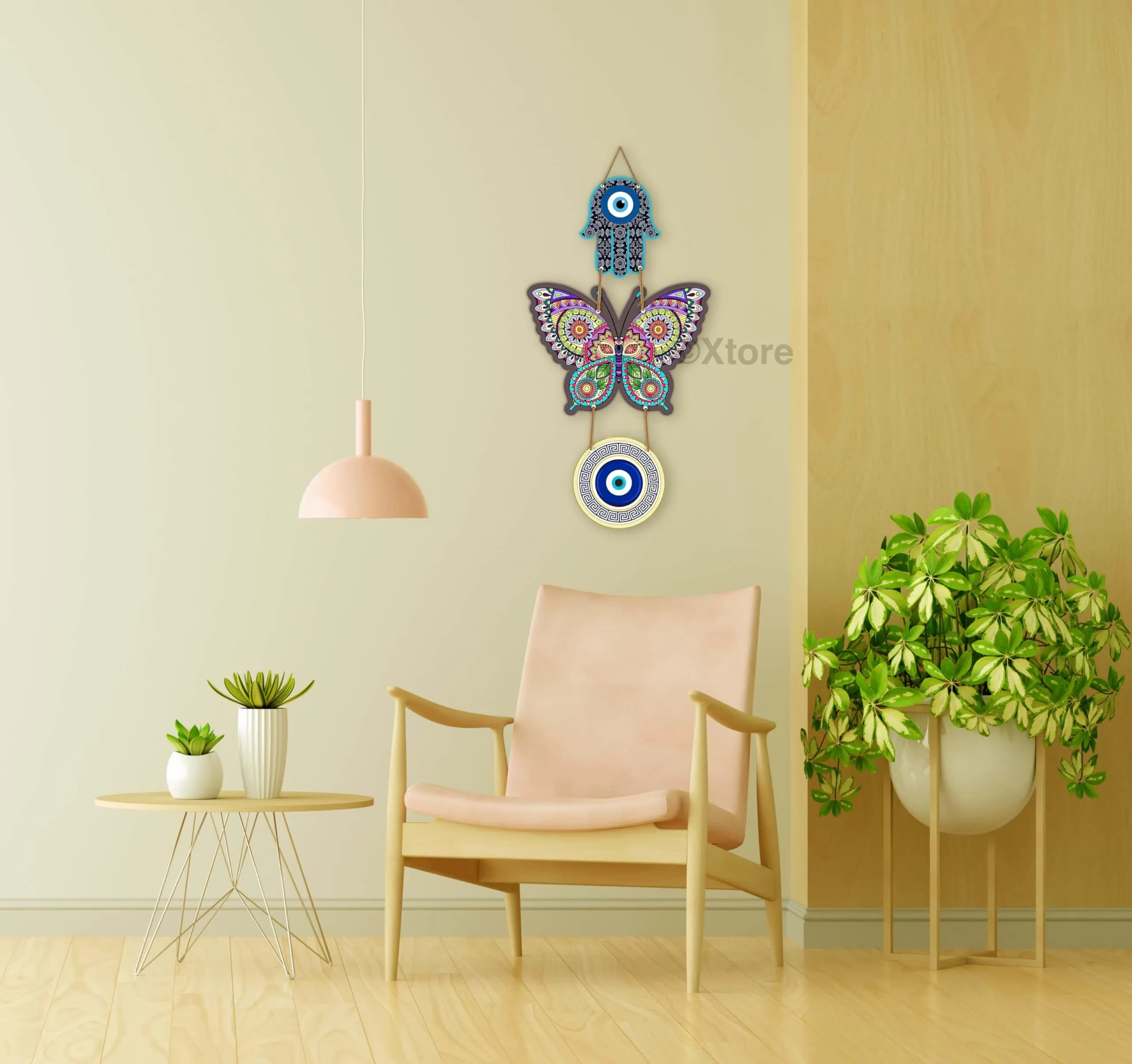 Xtore Decorative Wall Art MDF Wooden Hanger for Living Room | Bedroom | Office | Kitchen | Evil Eye | Nazar Raksha | With Modern Butterfly For Home Decor - Pack of 1