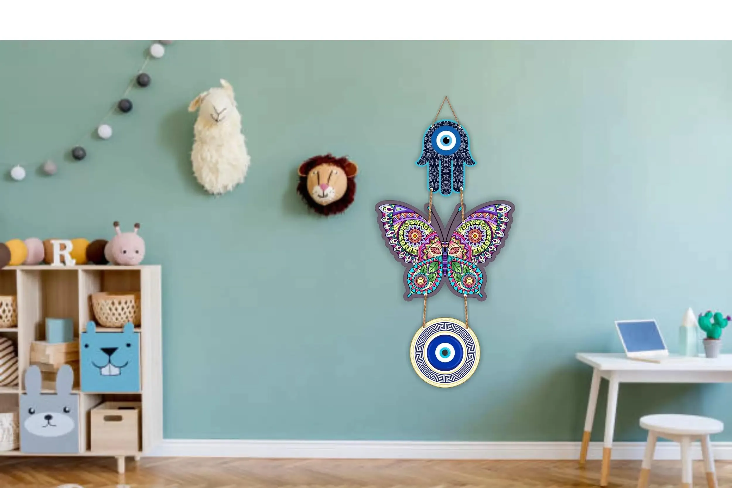 Xtore Decorative Wall Art MDF Wooden Hanger for Living Room | Bedroom | Office | Kitchen | Evil Eye | Nazar Raksha | With Modern Butterfly For Home Decor - Pack of 1