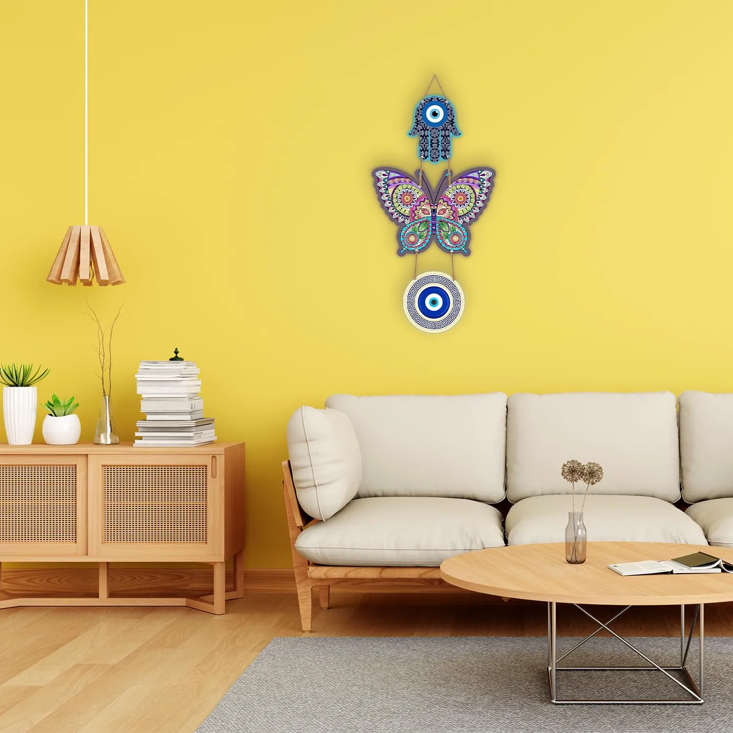 Xtore Decorative Wall Art MDF Wooden Hanger for Living Room | Bedroom | Office | Kitchen | Evil Eye | Nazar Raksha | With Modern Butterfly For Home Decor - Pack of 1